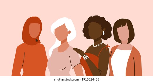 International Women's Day banner, poster, card. Diverse women standing together for feminism, freedom, independence, empowerment, women rights, equality. Women's friendship, sisterhood, activism 