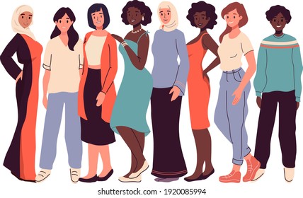 International Women's Day banner, poster, card. Diverse women standing together for feminism, freedom, independence, empowerment, women rights, equality. Women's friendship, sisterhood, activism set