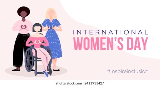 International Women's Day banner, poster. Inspire inclusion campagne. Group of women in different ethnicity, age, body type, abilities, hair color and more. Vector illustration in faceless flat style.