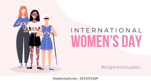 International Women's Day banner, poster. Inspire inclusion campaign. Group of women in different ethnicity, age, body type, abilities, hair color and more. Vector illustration in faceless flat style.