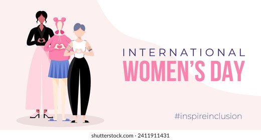 International Women's Day banner, poster. Inspire inclusion campagne. Group of women in different ethnicity, age, body type, abilities, hair color and more. Vector illustration in faceless flat style.