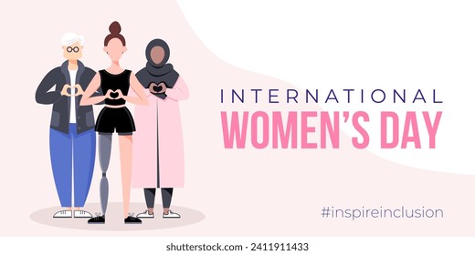 International Women's Day banner, poster. Inspire inclusion campagne. Group of women in different ethnicity, age, body type, abilities, hair color and more. Vector illustration in faceless flat style.