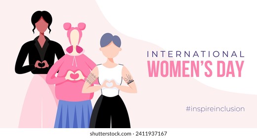 International Women's Day banner, poster. Inspire inclusion campaign. Group of women in different ethnicity, age, body type, abilities, hair color and more. Vector illustration in faceless flat style.