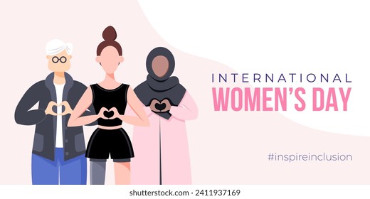 International Women's Day banner, poster. Inspire inclusion campaign. Group of women in different ethnicity, age, body type, abilities, hair color and more. Vector illustration in faceless flat style.