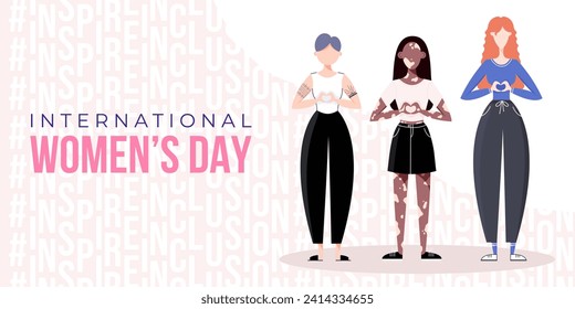 International Women's Day banner, poster. Inspire inclusion campagne. Group of women in different ethnicity, age, body type, abilities, hair color and more. Vector illustration in faceless flat style.