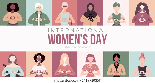 International Women's Day banner, poster. Inspire inclusion campaign. Group of women in different ethnicity, age, body type, abilities, hair color and more. Vector illustration in flat style.