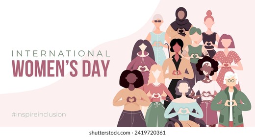 International Women's Day banner, poster. Inspire inclusion campaign. Group of women in different ethnicity, age, body type, abilities, hair color and more. Vector illustration in flat style.