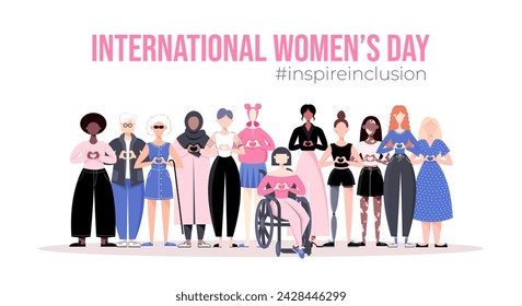 Banner, Poster zum Internationalen Frauentag. Kampagne "Inklusion 2024" inspirieren. Gruppe von Frauen in verschiedenen Ethnien, Alter, Körpertyp, Fähigkeiten, Haarfarbe und mehr. Vektor-Illustration im flachen Stil.