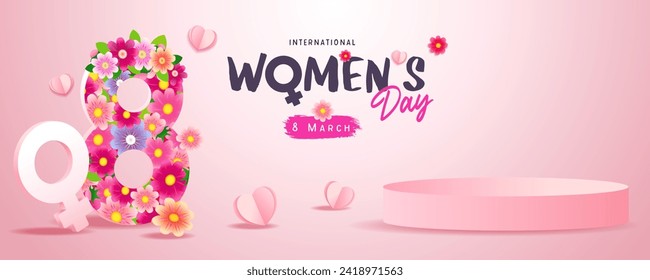 International Women's day banner for product demonstration. Pink pedestal or podium, number 8 with flowers and paper hearts on pink background. Vector illustration