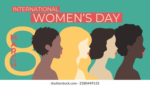 International Womens Day banner in retro style with women profiles of different nationalities. Vector illustration