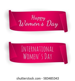 International Women's day banner. Ribbon 8 March. Paper scrolls. Vector illustration.