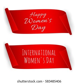 International Women's day banner. Ribbon 8 March. Paper scrolls. Vector illustration.