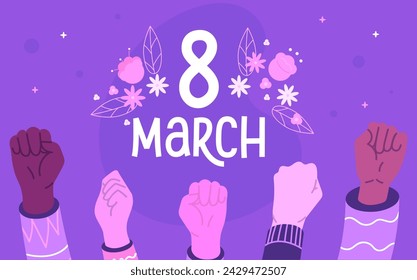 International women's day banner with rised up hands 8 march