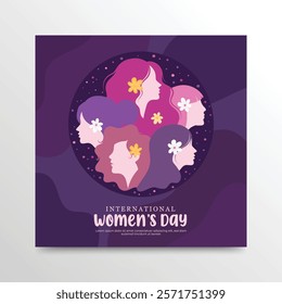 International Women's Day Banner, Round Modern Flat Vector Illustration of Diverse colorful Female Silhouettes