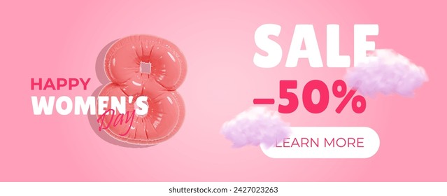 International Women's day banner. Sale offer 8 march. 8 march background with 3d number. Women's Day on 8 March design template. Vector illustration