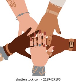 International Women's Day Banner Template. Feminine Social Media Post Concept. Women's Hands Of Different Ethnicities Together. 8 March Greeting Card, Poster. Feminism, Freedom, Independence