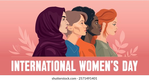 International Womens Day Banner Template. Side Silhouettes of Women of variety of ethnic races stand together. 8 of March International day feminist movement and defending women rights