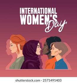 International Womens Day Banner Template. Side Silhouettes of Women of variety of ethnic races stand together. 8 of March International day feminist movement and defending women rights