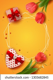 International Women's Day banner. Vector greeting card for 8 march with realistic tulips and gift boxes. Heart shaped gift box. Top view. Yellow background. Happy Mothers Day. Flowers.