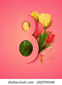 International Women's Day banner. Vector greeting card for 8 march with realistic spring flowers. Decor of paper cut tulips. Pink background. Happy Mothers Day.  Style of cut paper.