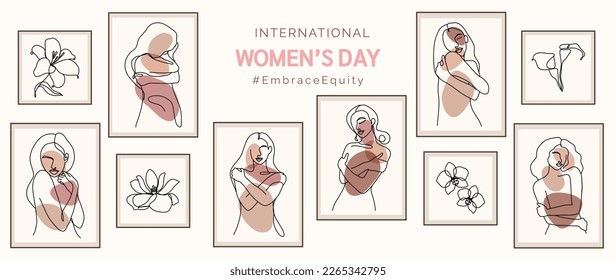 Vector de pancartas del Día Internacional de la Mujer. Adoptar el eslogan de la etiqueta Equidad con mujeres abstractas de dibujo manual abrazándose y amándose a sí misma con arte lineal en el muro.