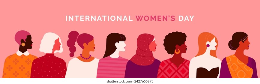 International Women's Day banner. Vector horizontal illustration in modern flat style of a big group of diverse multiracial women. Isolated on pink background