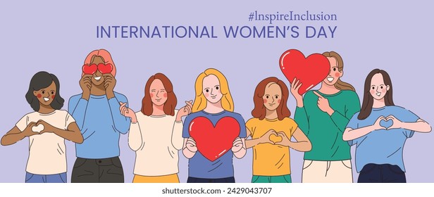 International Women's Day banner vector. Inspire Inclusion hashtag slogan with hand drawn women character from diverse background heart shape hand gesture. Design for poster, campaign, social media.