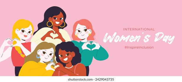 International Women's Day banner vector. Inspire Inclusion hashtag slogan with hand drawn women character from diverse background heart shape hand gesture. Design for poster, campaign, social media.