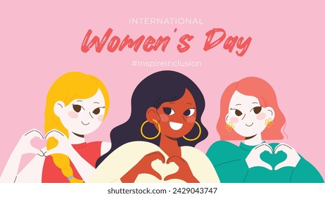 International Women's Day banner vector. Inspire Inclusion hashtag slogan with hand drawn women character from diverse background heart shape hand gesture. Design for poster, campaign, social media.