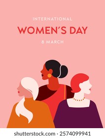 International Women's Day banner. Vector illustration in modern flat style of a group of diverse multiracial women. Isolated on pink background. 8 march banner