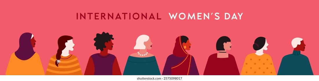 International Women's Day banner. Vector horizontal illustration in modern flat style of a big group of diverse multiracial women. Isolated on pink background