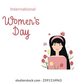 International Women's Day banner. Vector modern flat illustration Girl with tulips.Concept banner .