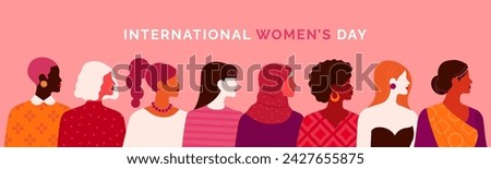 International Women's Day banner. Vector horizontal illustration in modern flat style of a big group of diverse multiracial women. Isolated on pink background