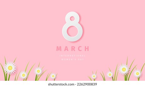 International women's day banner. White daisy flowers and grass on pink background