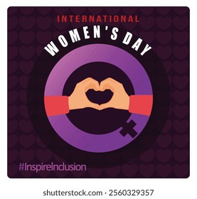 International Women's Day banner with woman symbol and heart. Symbolizes unity and empowerment of women. Women's Day concept. Flat vector illustration.