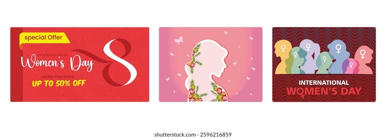 International Women's Day banner. Woman silhouette with flowers and leaves. Symbolizes equality, diversity, empowerment and unity. Women's Day concept. Set flat vector illustration.