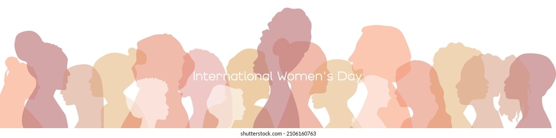 International Women's Day banner. Women of different ethnicities stand side by side together.