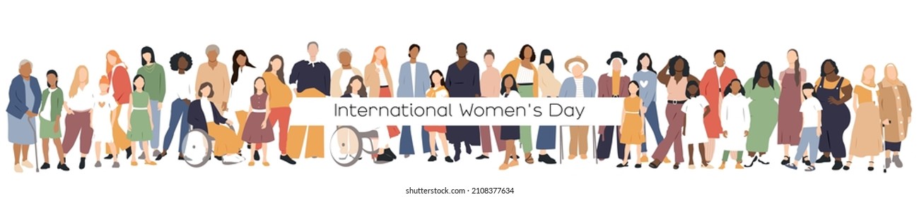 International Women's Day banner. Women of different ages stand together.