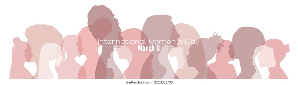 International Womens Day banner. Women of different ethnicities stand side by side together. - Shutterstock ID 2110801733