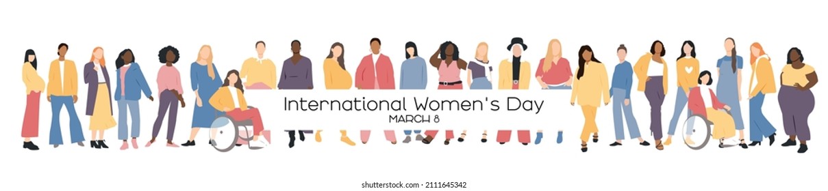 International Women's Day banner. Women of different ethnicities stand side by side together.