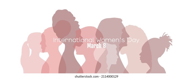 International Women's Day banner. Women of different ethnicities stand side by side together.