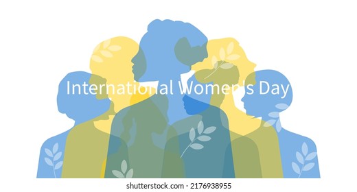 International Women's Day banner. Women of different ages, nationalities and religions come together. Horizontal white poster with transparent silhouettes of women. Vector.