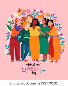 International Women's Day banner. Women of different ethnicities stand side by side together.