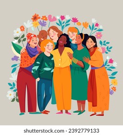 International Women's Day banner. Women of different ethnicities stand side by side together.