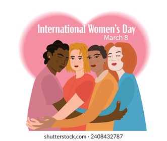 International Womens Day banner. Women of different ethnicities stand side by side together.