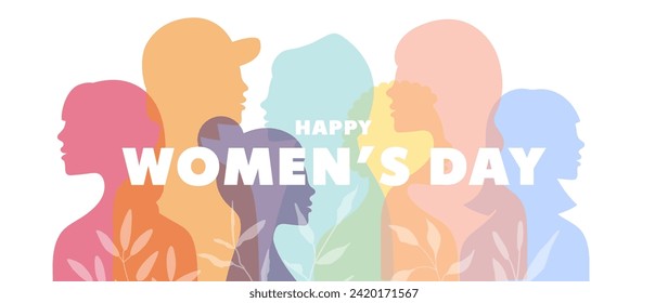 International Women's Day banner. Women of different nationalities, silhouettes of women. Girl power, struggle for equality, feminism, sisterhood concept. Vector illustration