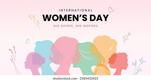 International Womens Day banner. Women of different ethnicities stand side by side together.