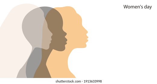 International womens day banner with young women. Fight for equal rights. Profiles of girls of different races. Vector illustration