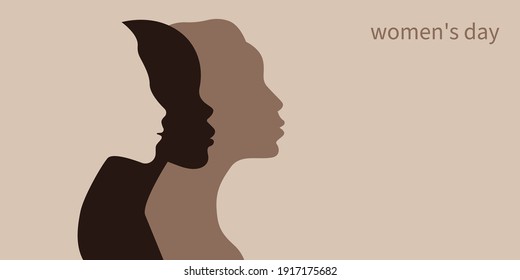 International womens day banner with young women. Fight for equal rights. Profiles of girls of different races. Vector illustration