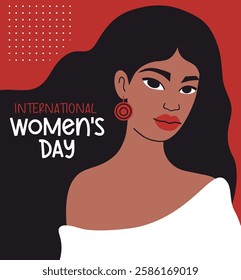 International Women's Day. Beautiful African American Woman with Long Hair. Minimalist Female Portrait. Modern Holiday poster March 8 . Vector illustration. Celebration and feminism concept